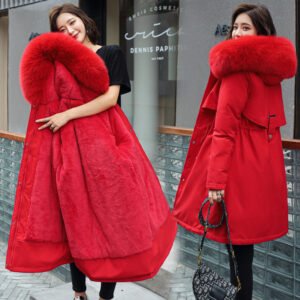 2020 cotton-padded coat Women's Mid-length thickened Korean-style slim-fit hooded large fur collar down jacket plus size cotton-padded jacket